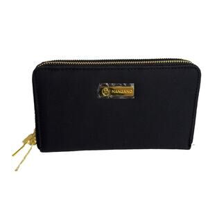 New JOY Mangano Saffiano Leather Wallet 2 Wrap-Around Zippers RFID Black
